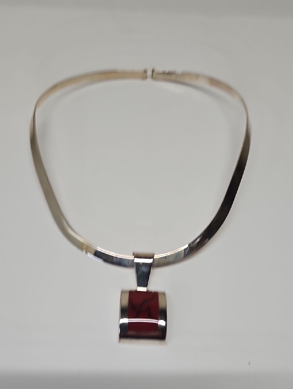 MEXICO 925 STERLING SILVER CHOKER COLLAR AND RED JASPER PENDANT NECKLACE